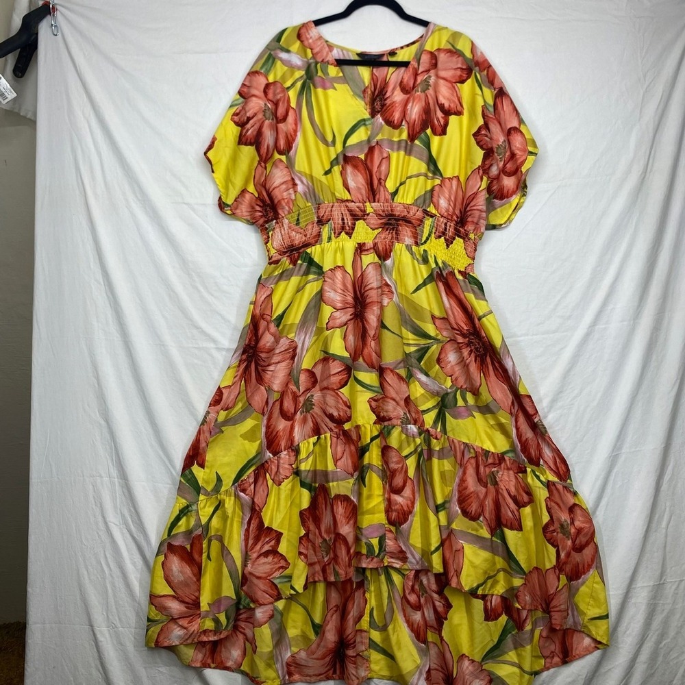 Mlle Gabrielle Womens 3X Yellow Floral High-Low Maxi Dress Smocked Waist V-Neck